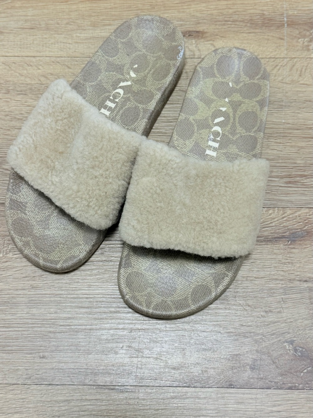 Coach Tan Shearling Slide Slippers